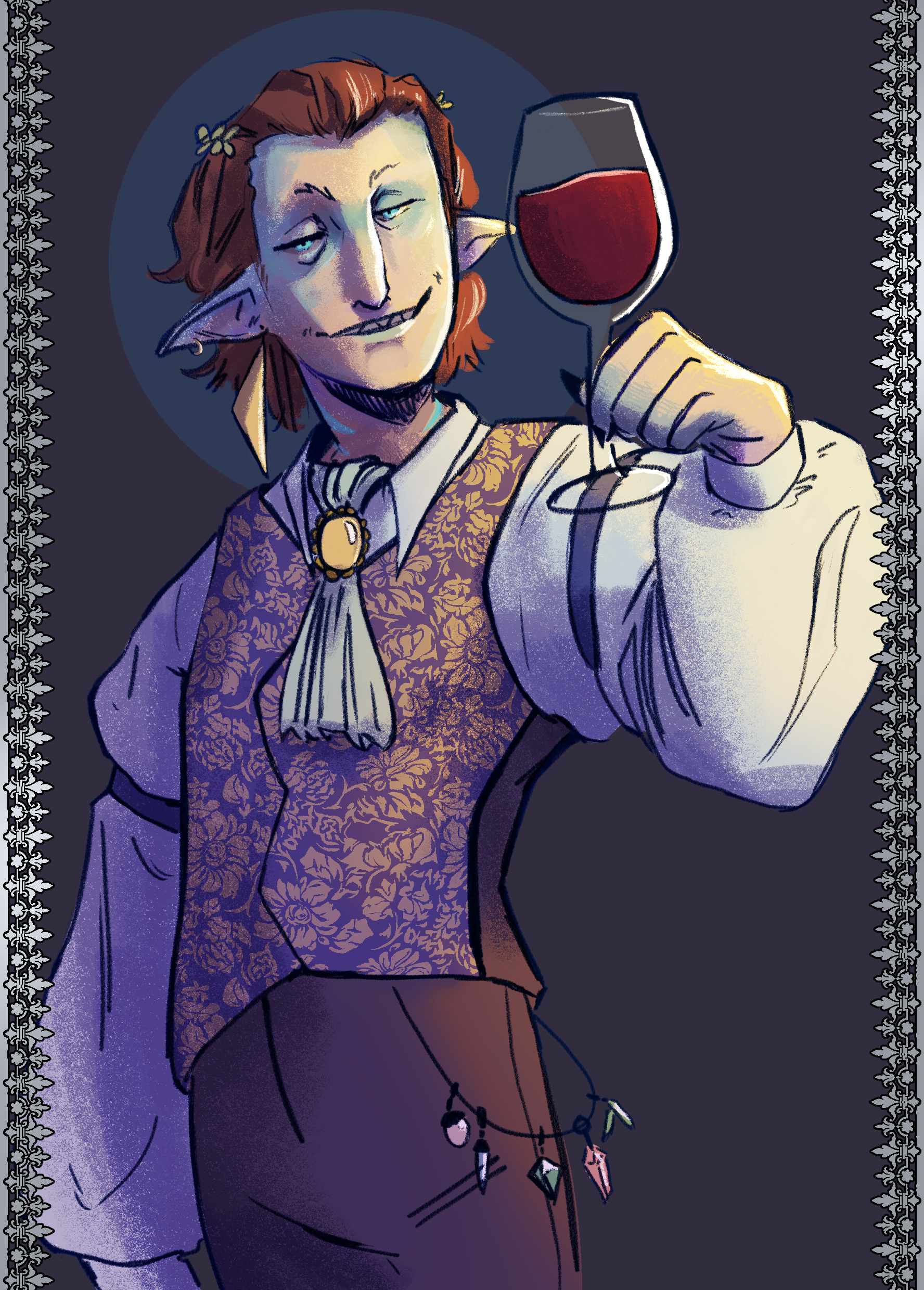 a digital drawing of a very formal looking pale man, from about the thighs up. He is smirking and looking at the viewer, and he's holding up a wine glass as though about to toast to something. He has a floral print vest over a shirt with large, puffy sleeves. The piece is largely in teals and purples, with yellow for accent.